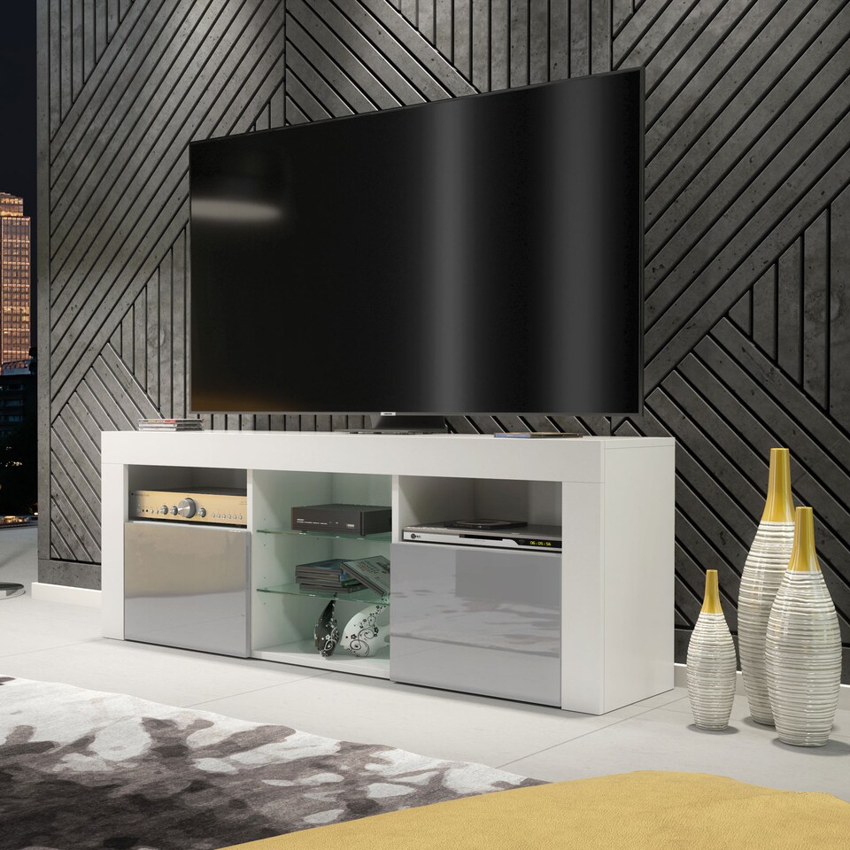 image 1 of TV Unit TV Stand White Grey Gloss Media Console Sideboard Storage Cabinet 145cm