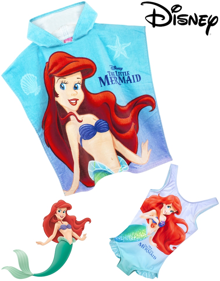 image 1 of Disney Girls Swimsuit The Little Mermaid & Hooded Towel Poncho | Kids Ariel, Sebastian & Flounder Towelling Robe | Childrens Swimming Costume