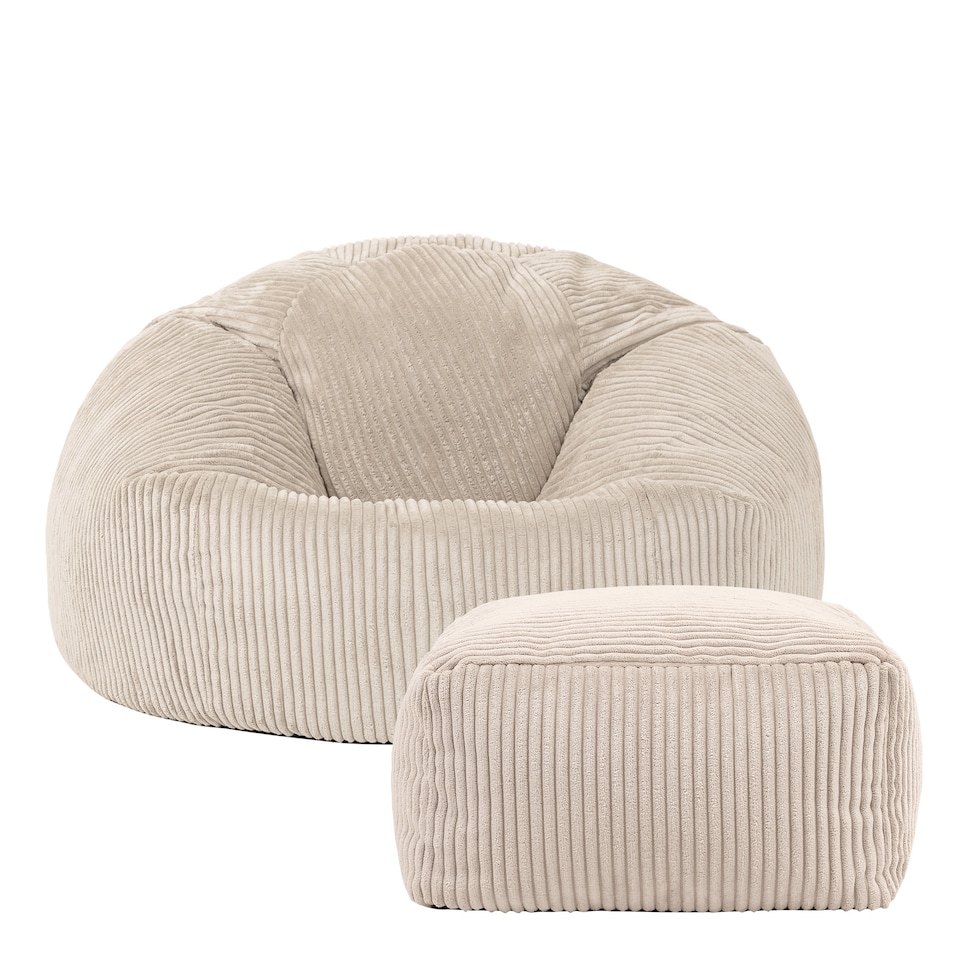 image 1 of Kingston Cord Adults Bean Bag Chair and Pouffe, Ready Filled Beanbag and Footstool Stone Beige | Cream | Natural | 2
