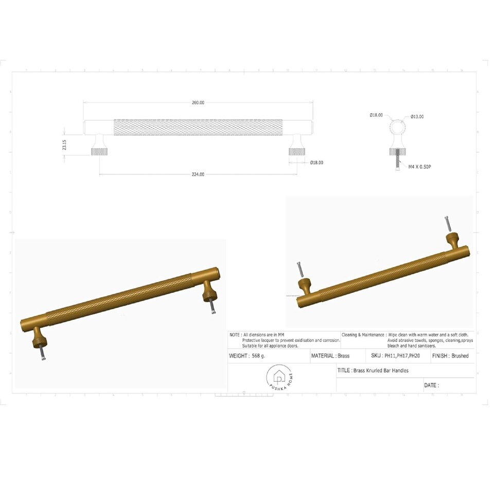 image 1 of Pushka Home Solid Brass Knurled Bar Handle 224mm - Black