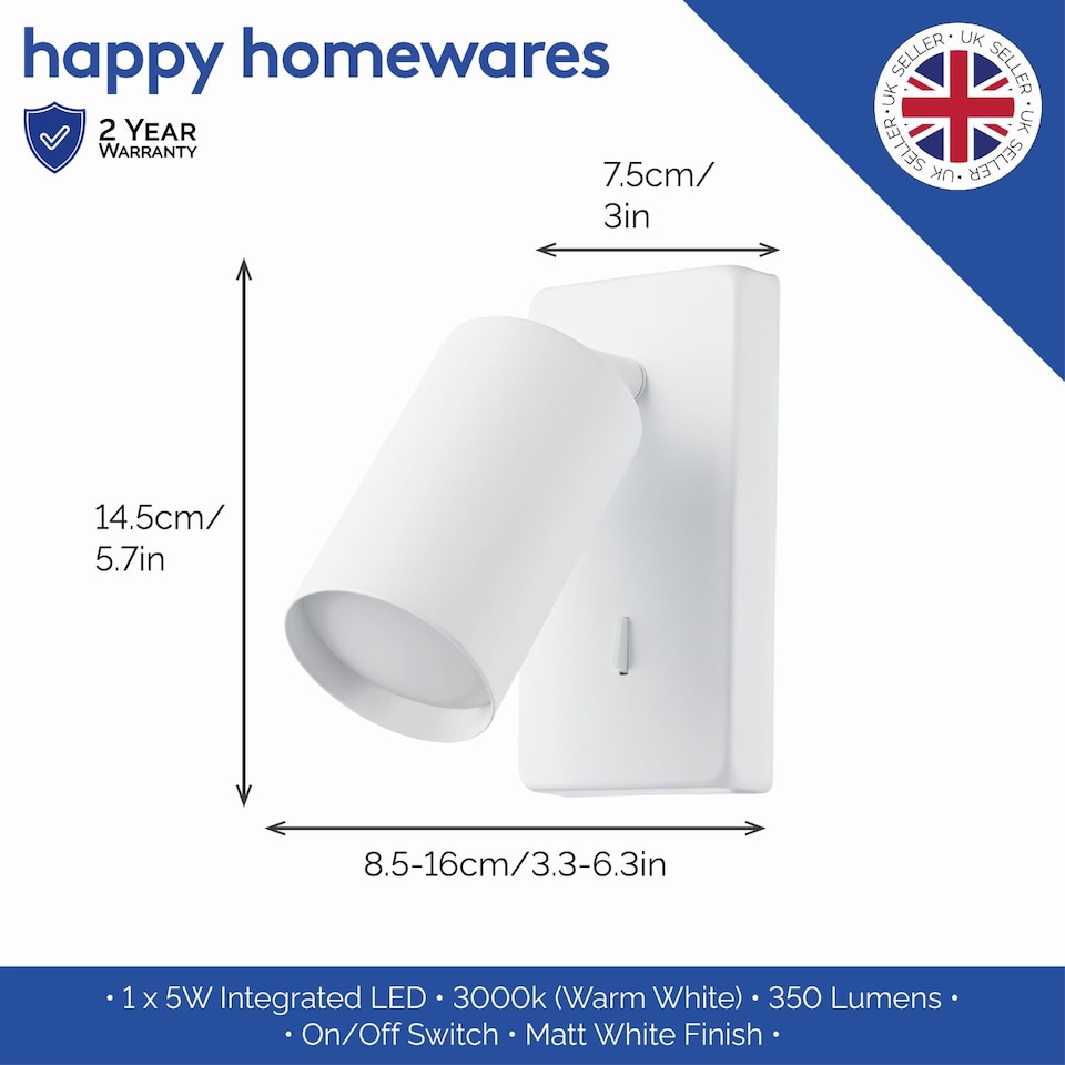 image 1 of Modern Designer LED Powered Matt White Metal Spot Wall Light Fixture with Switch | White | White | 1