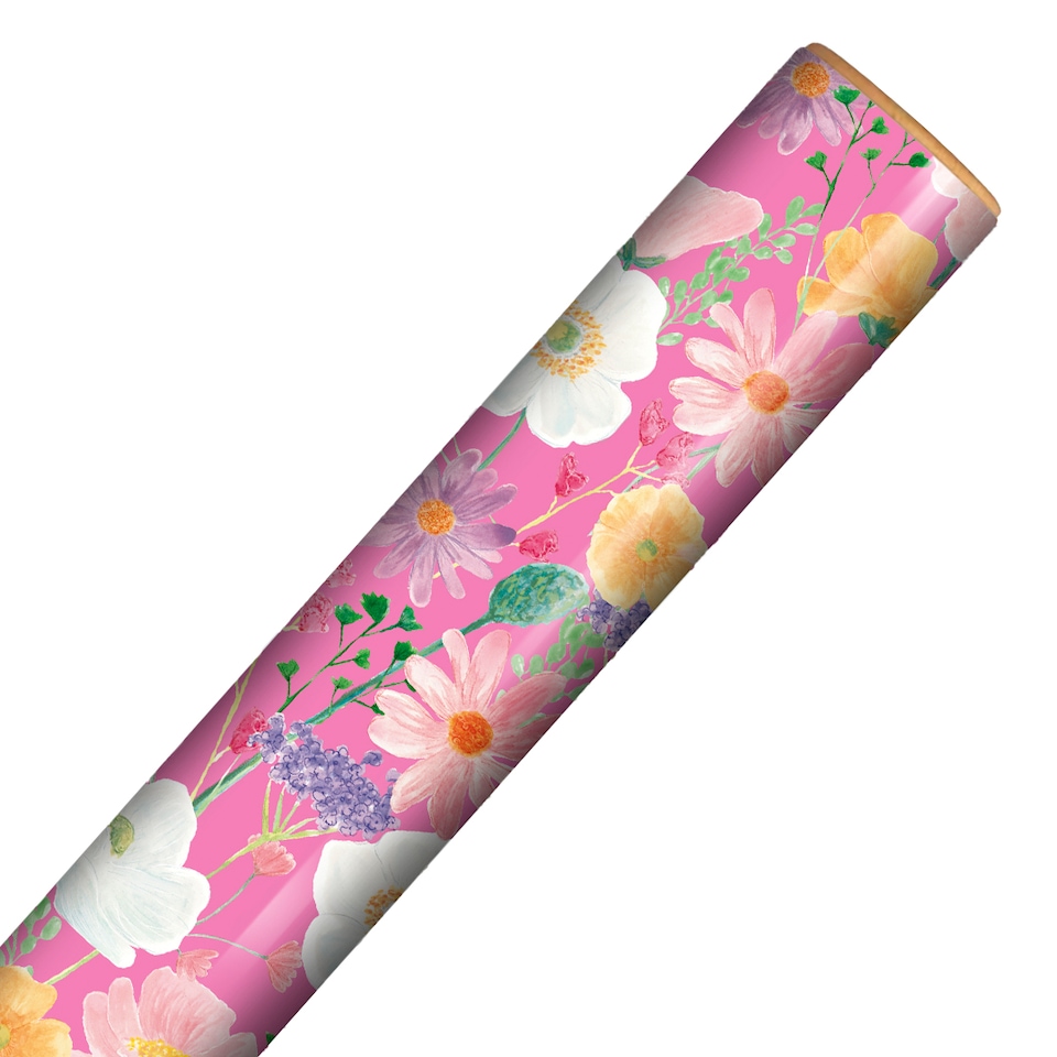 image 1 of Flowers on Hot Pink Gift Wrapping Paper Roll 3m