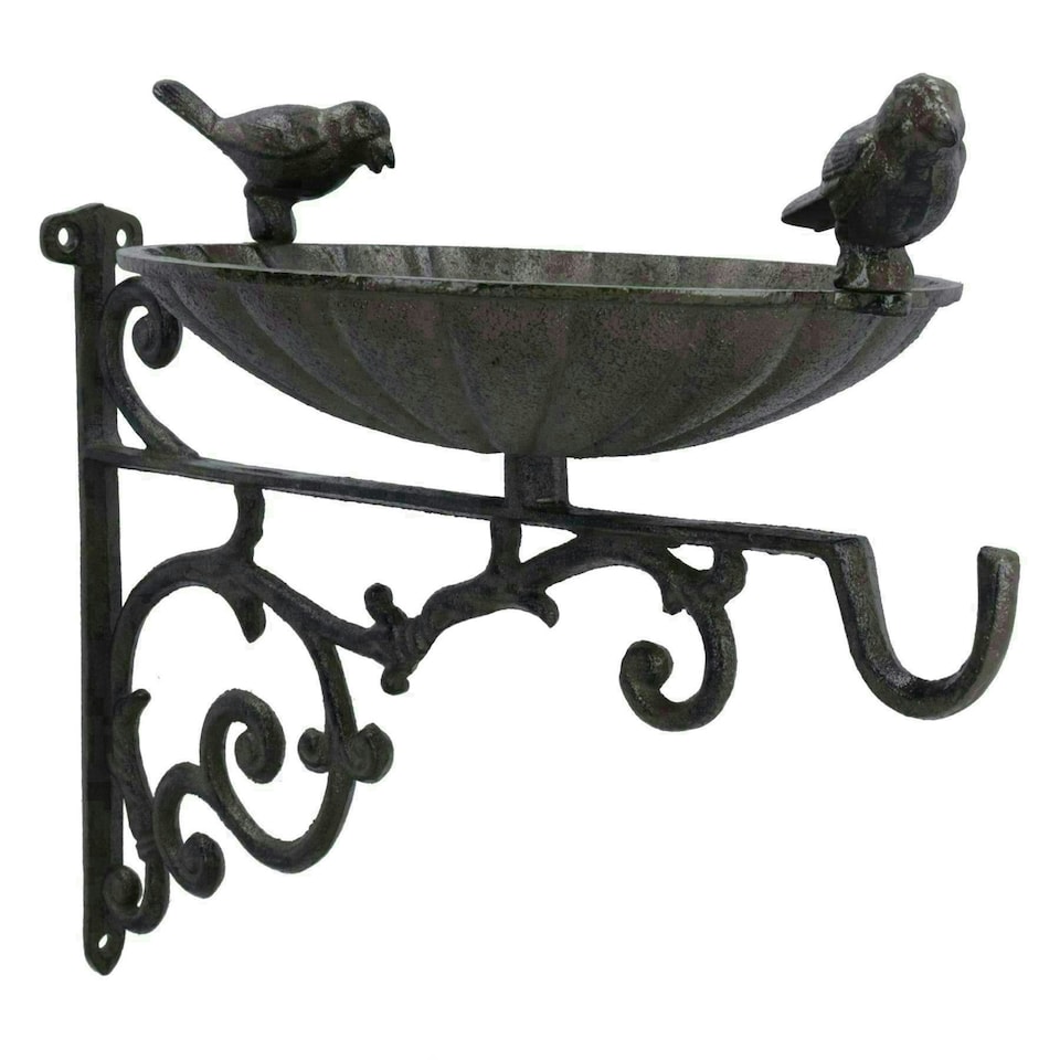 image 1 of Wall Mount Bird Bath Cast Iron Feeder Ornament Garden Feature Statue Fence