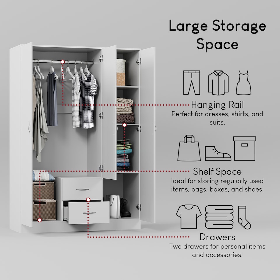 image 1 of Vida Designs Riano 3 Door 2 Drawer Mirrored Wardrobe With Shelf & Clothes Rail, White