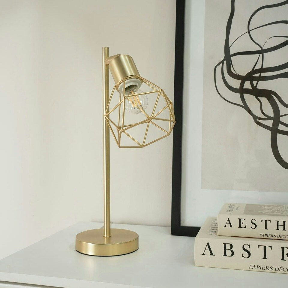 image 1 of ValueLights Angus Adjustable Brushed Gold Metal Geometric Basket Shade Table Lamp