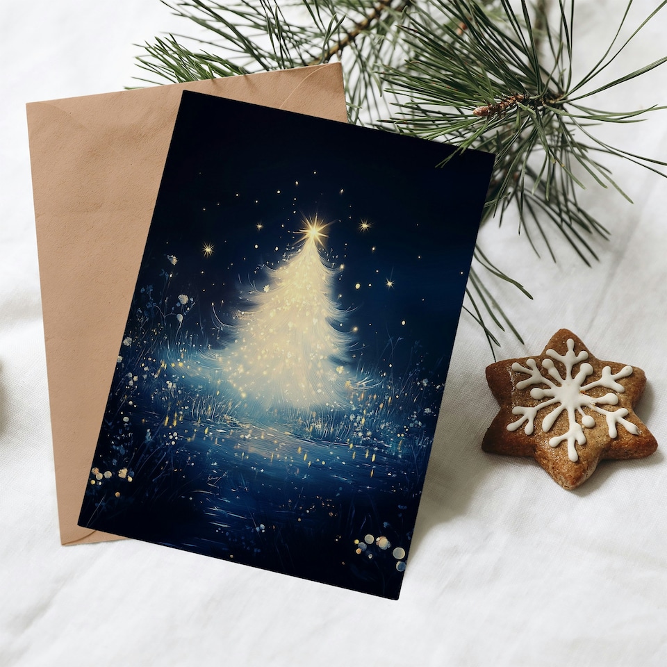 image 1 of Greeting Card Bright White Tree Magical Forest Lake Night Blank For Him Or Her Art Xmas Christmas Card