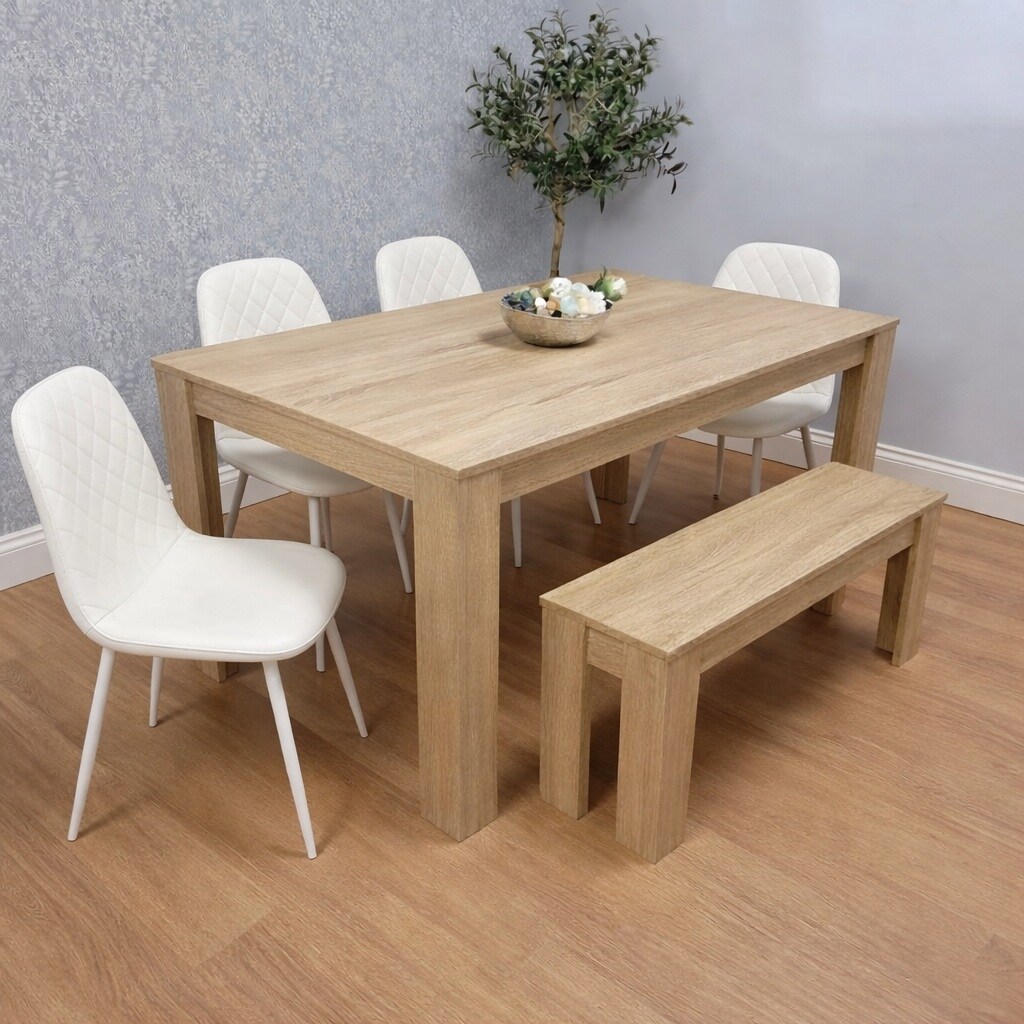 Wooden Dining Table Set for 6 Oak Effect Table With 4 White Gem Patterned Chairs and 1 Bench