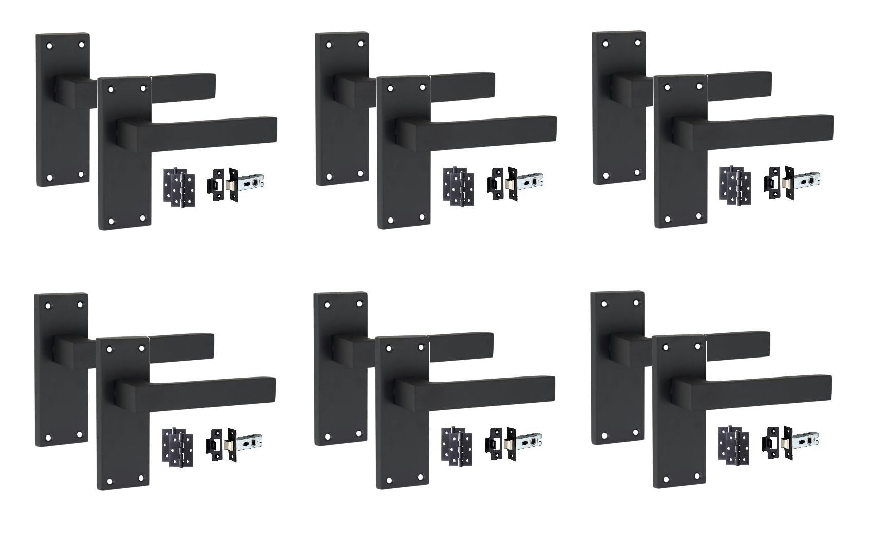 Golden Grace 6 Sets Victorian Straight Delta Door Handles Latch in Matt Black with 1 Pair of 3" Ball Bearing Hinges & Latches Pack - 120mm x 40mm Back