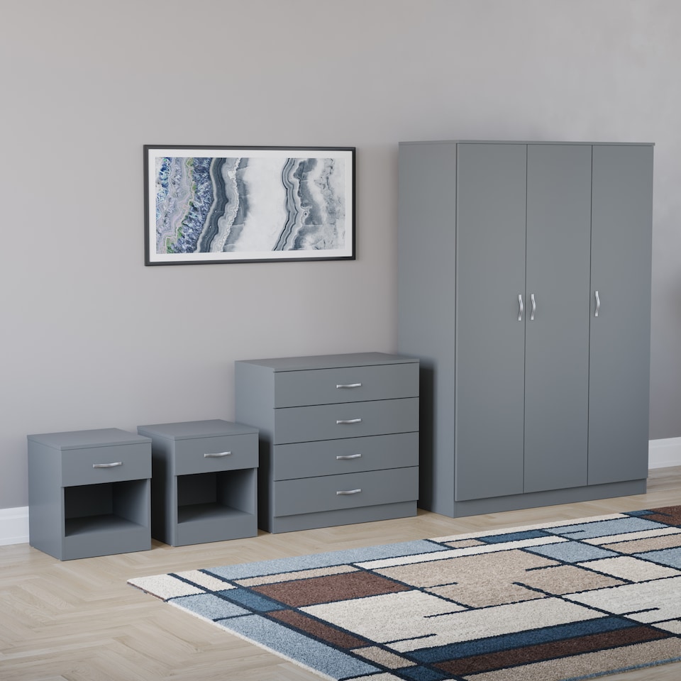 image 1 of Vida Designs Riano 4 Piece Bedroom Set (1 Drawer Bedside Chest, 4 Drawer Chest, 3 Door Wardrobe), Grey (6)