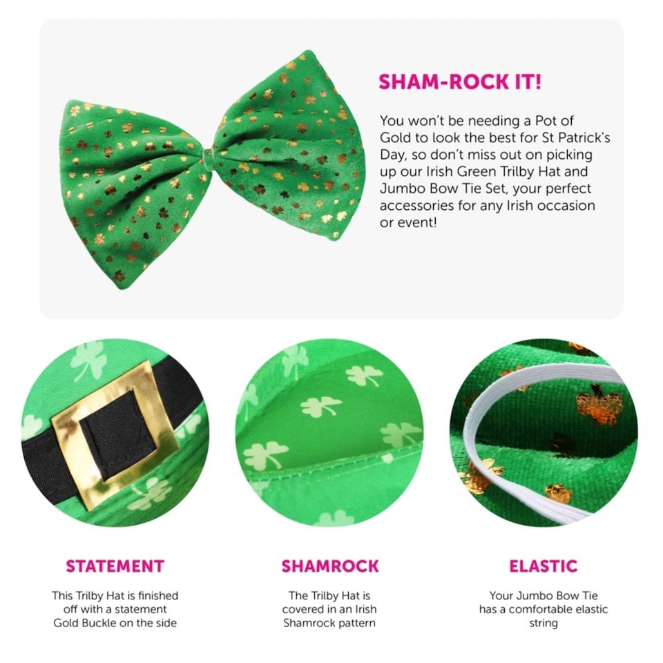 image 1 of Pack of 6 Irish Trilby Hat & Jumbo Irish Bow Tie Green | One Size