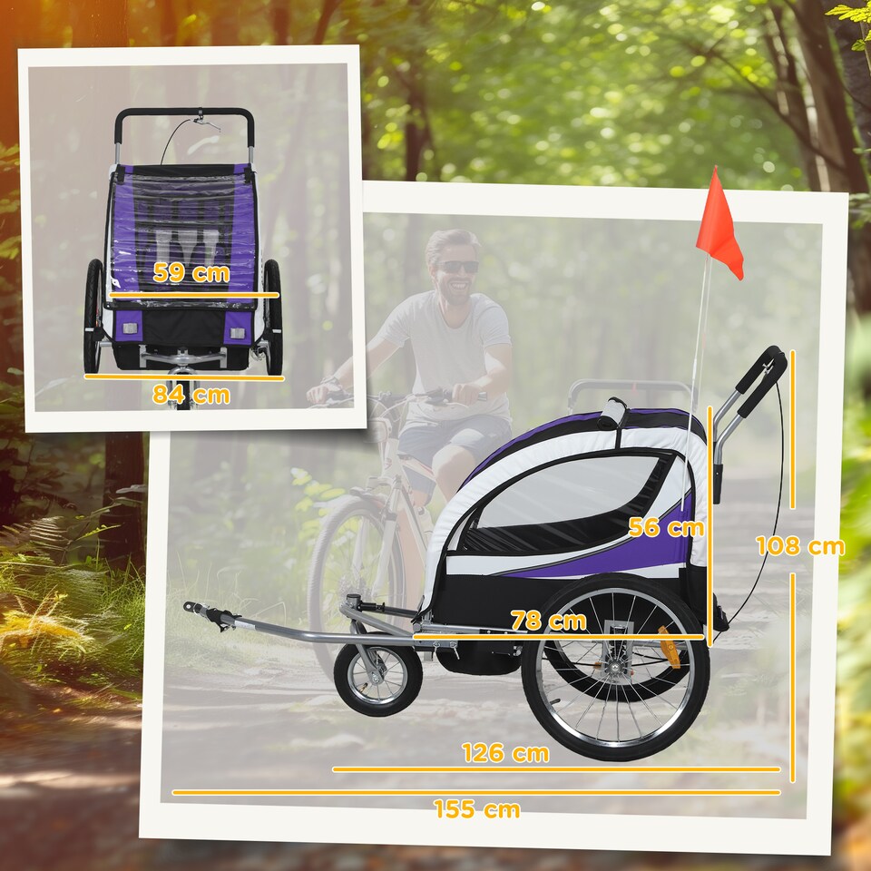 image 1 of HOMCOM 2 Seat Child Bike Trailer, Baby Bicycle Trailer for 2 Kids, Purple | Purple | Purple & Black & White | 155L x 84W x 108H cm