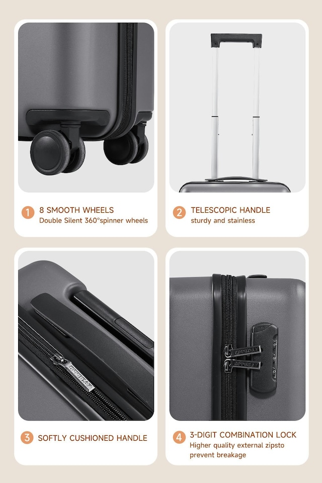 image 1 of Living and Home Hardside Carry-on Suitcase with Spinner Wheels | Grey | Personal Item