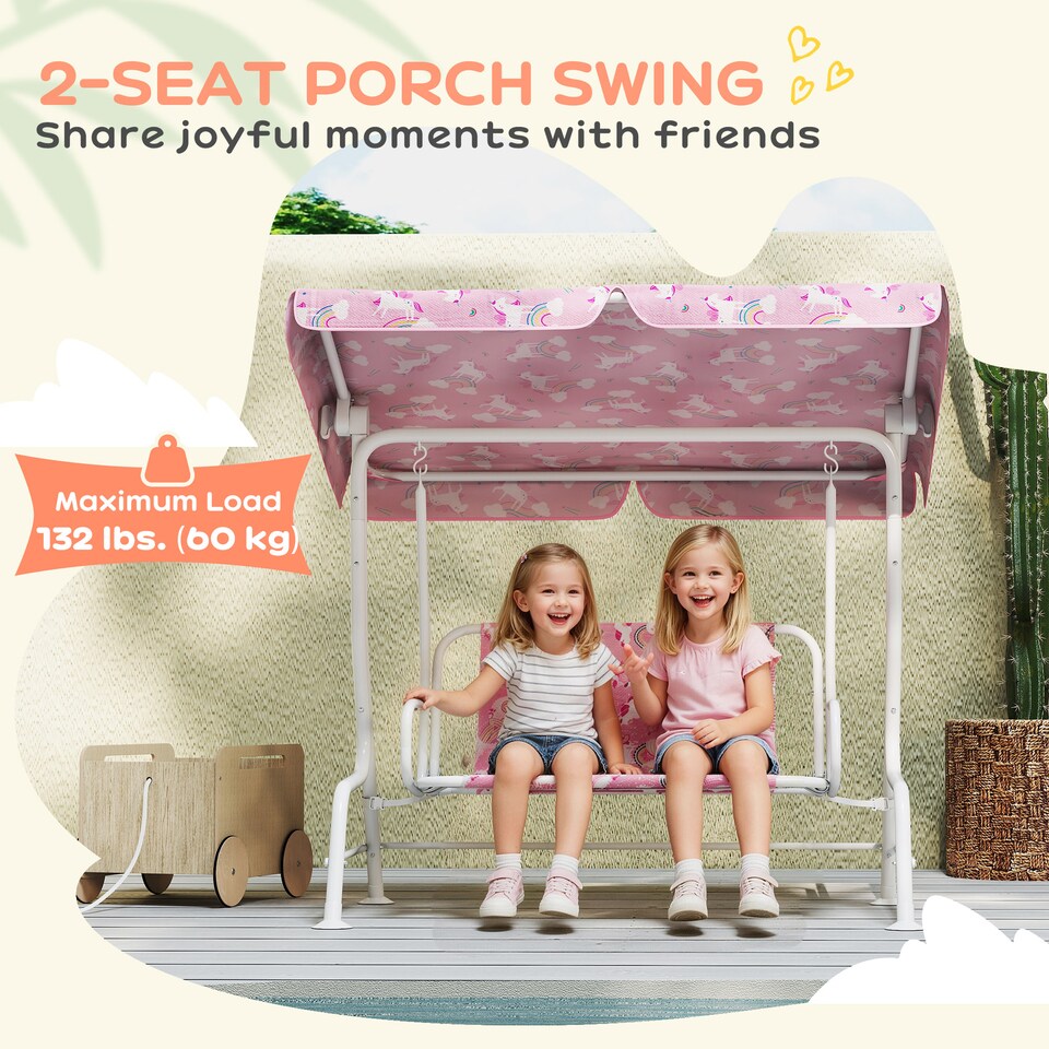 image 1 of AIYAPLAY Kids 2-Seater Porch Swing with Seat Belts, Adjustable Canopy Pink