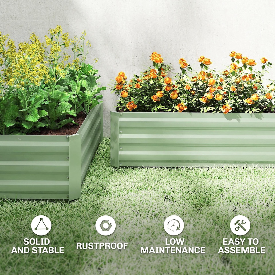 image 1 of Outsunny Set of 2 Raised Garden Bed Galvanised Planter Box, Light Green | Green | Dark Grey