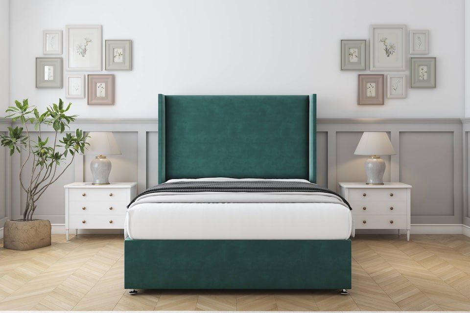image 1 of Sloomy Devonshire Emerald Plush Divan Bed With Mattress 2 Drawers Footend With 54" Wingback Headboard 4' Small Double | Green | Emerald | Small Double | 1