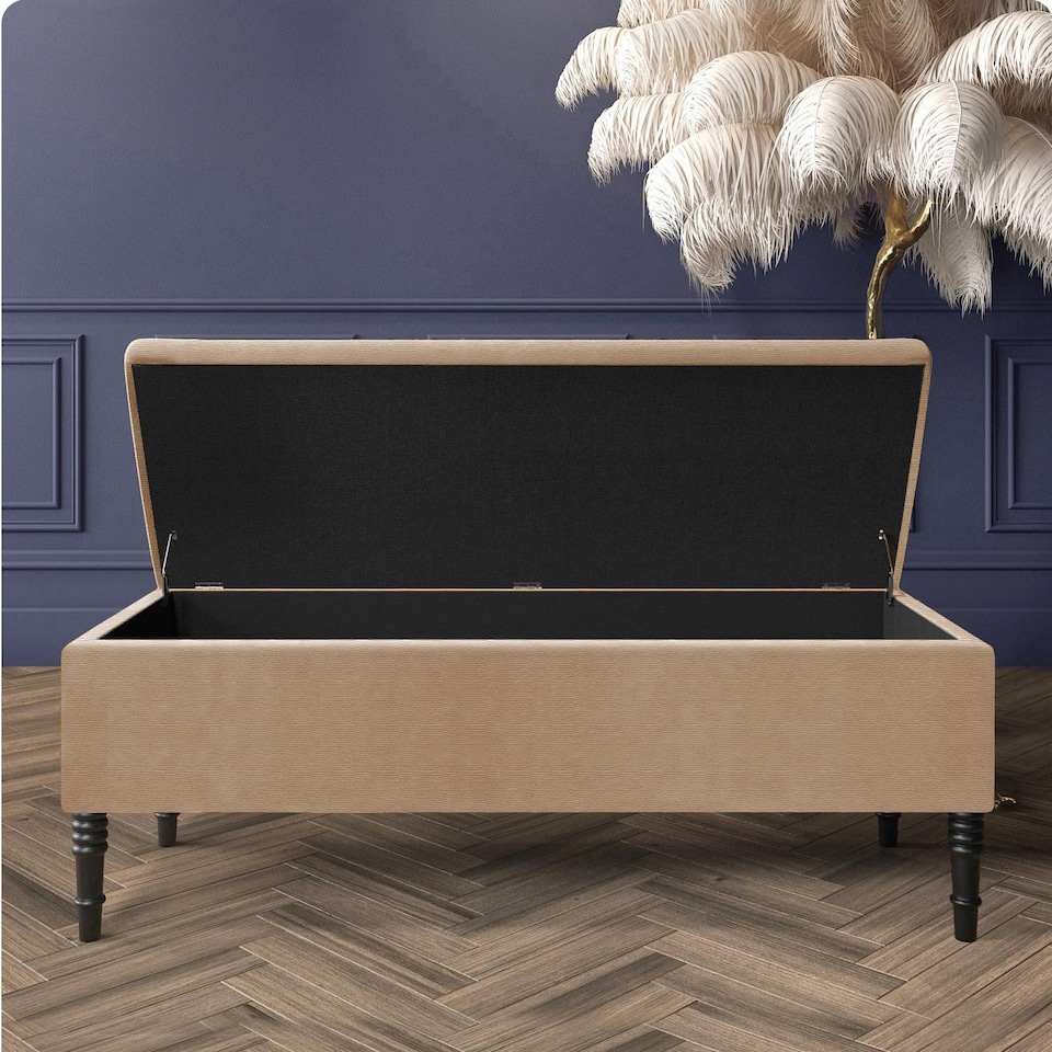 image 1 of 120cm Paris Plain Ottoman Storage Bench -Naples Shoes Bench with Black Turned Wooden Legs - Beige Upholstery Storage Footstool