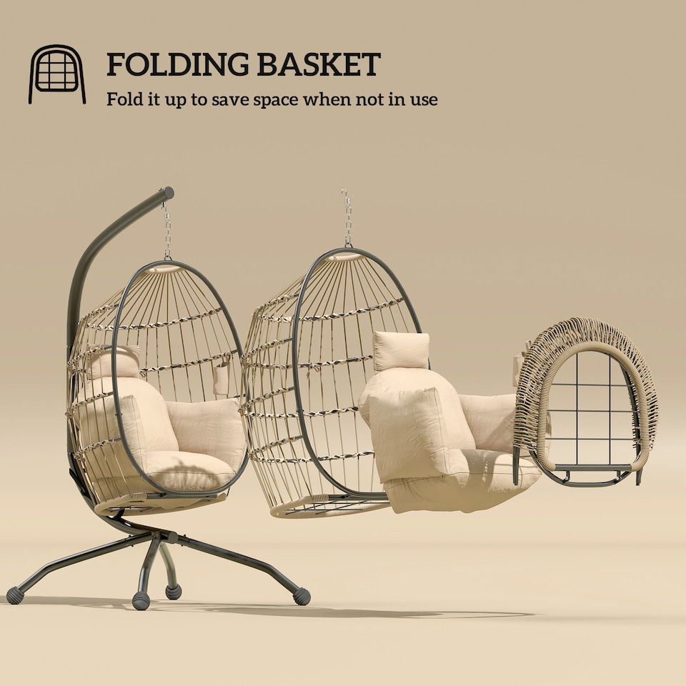 image 1 of Outsunny Egg Chair Outdoor Indoor Garden Swing Chair, Folding Basket, Khaki | Brown | Khaki cushion, brown rope, black frame | L