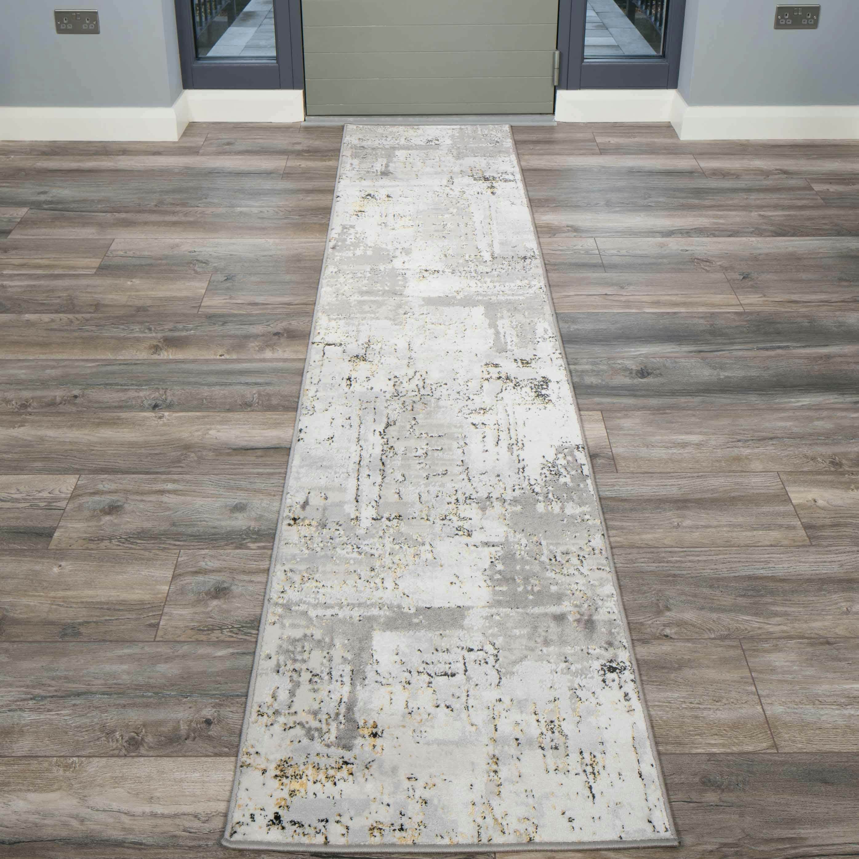KUKOON Grey Gold Metallic Distressed Abstract Runner Rug 60cm x 240cm | Grey