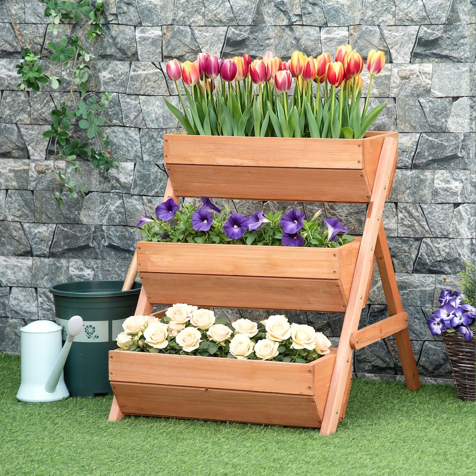 image 1 of Outsunny 3 Tier Raised Garden Bed Wooden Elevated Planter Box Kit, Brown