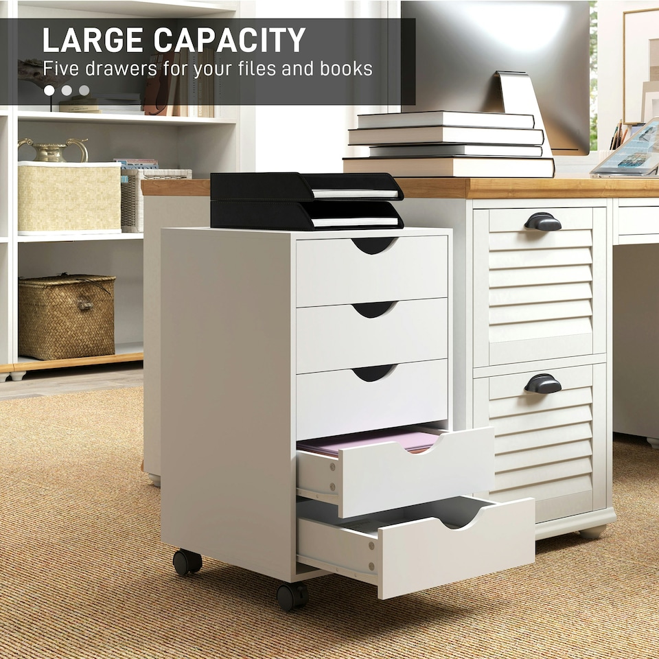 image 1 of HOMCOM Mobile Vertical Filing Cabinet with 5 Drawers for Home Office, White White