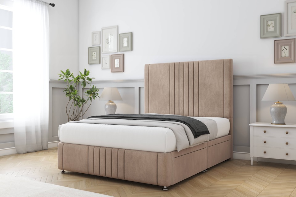 image 1 of Sloomy Harrington Mink Naples Divan Bed Base No Drawers With 26 Inch Strutted Headboard & 12 Inch Matching Footboard | Brown | Mink | Small Single | 1