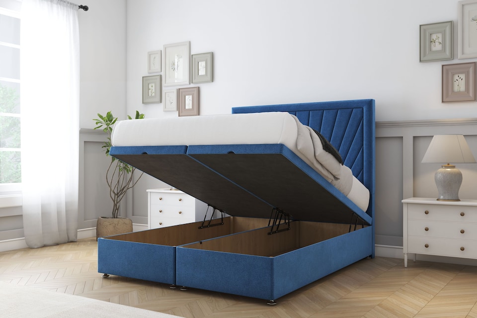image 1 of Sloomy Somerset Navy Plush Ottoman Bed Base With 54" Floor Standing Headboard 6' Super King | Blue | Navy | Super King | 1