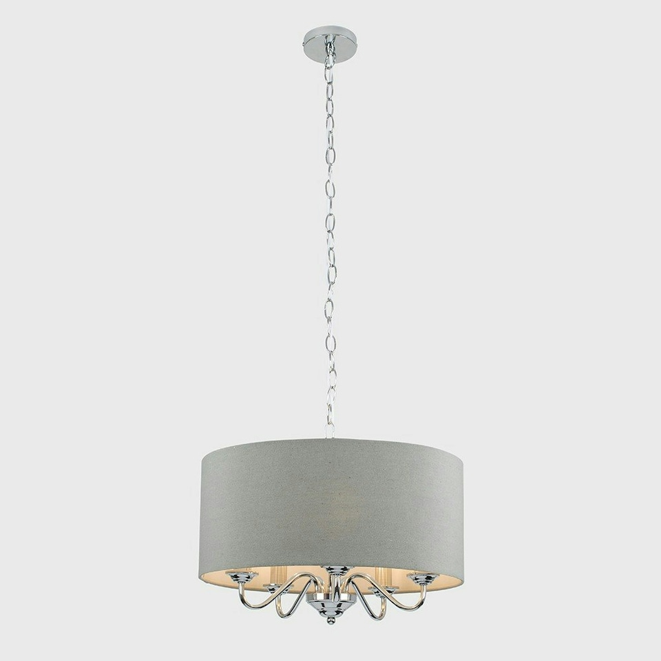 image 1 of ValueLights Rocha Modern Chrome 5 Way Curved Arm Grey Linen Slimline Drum Ceiling Light Pendant with LED Bulb
