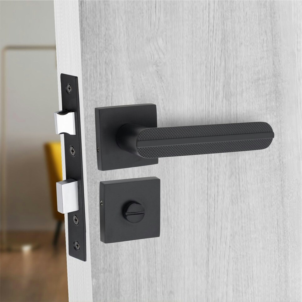 image 1 of Golden Grace Modern Lima Design Premium Bathroom Door Handles on Square Rose in Matt Black Finish Black