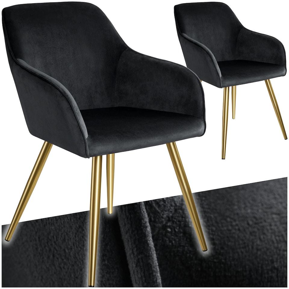 image 1 of Chair Marilyn - with armrests, padded, velvet look, golden steel legs - Set of 2 Black | Black/Gold