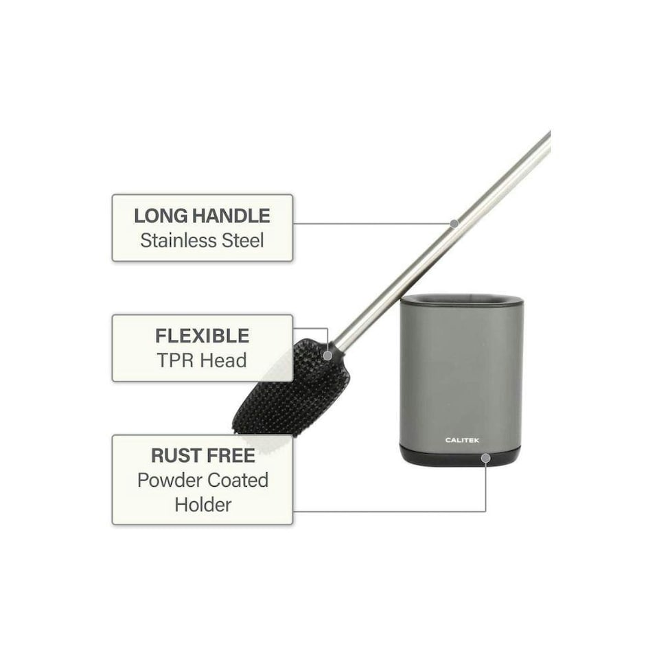 image 1 of CALITEK Toilet Brush Flexible Silicone Bristles with Non Slip Long Handle Grey