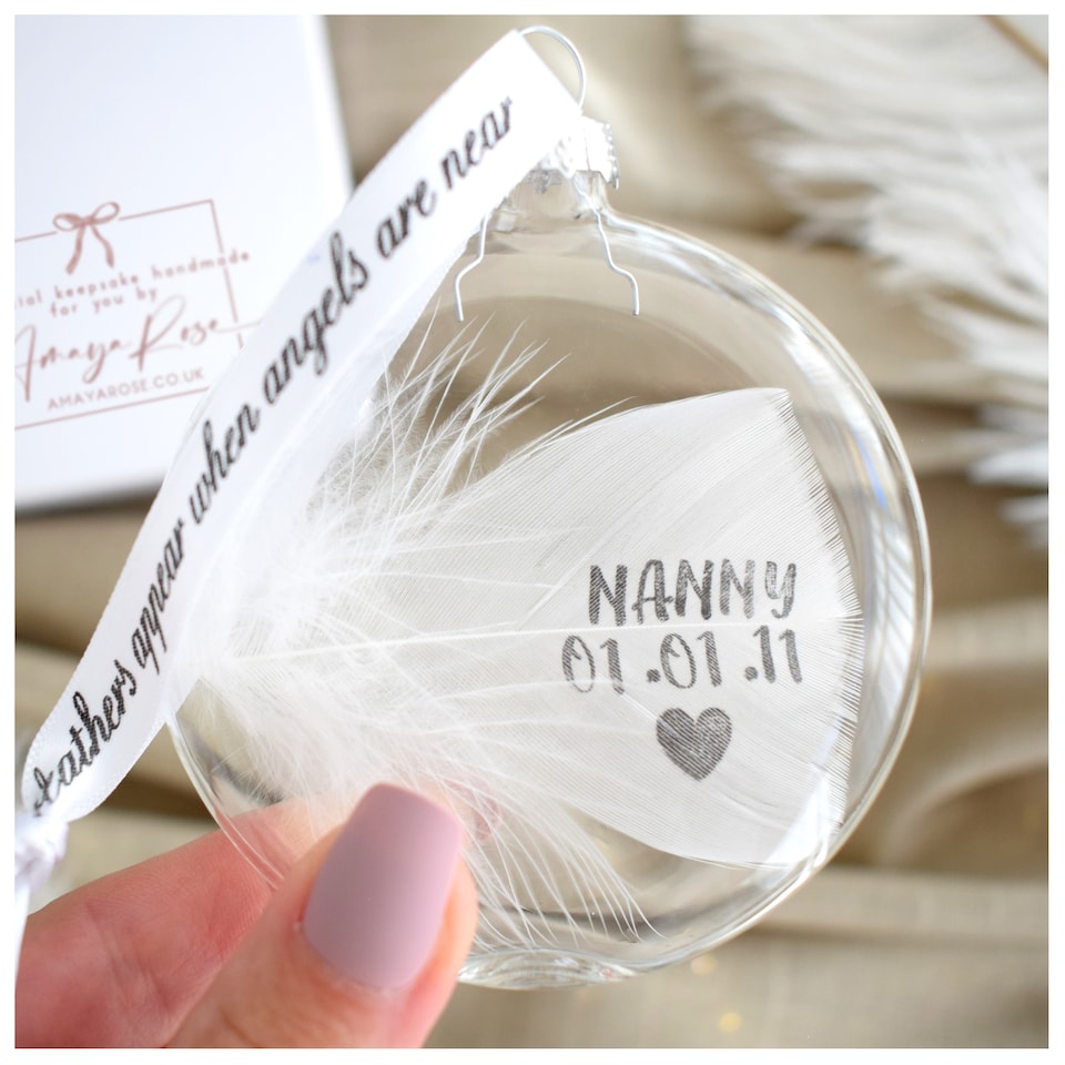 image 1 of Personalised White Feather Bauble. Memorial Angel Decoration