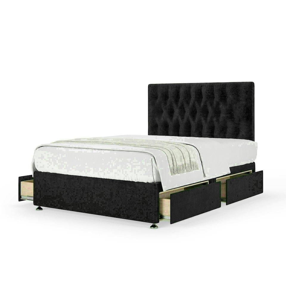 Black Naples Velvet 4 Drawer Divan Base and Lona Headboard King Size