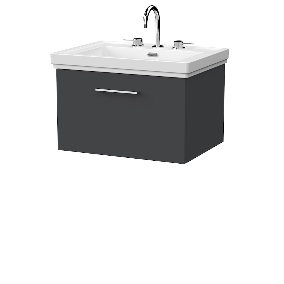 image 1 of Balterley Pershall Contemporary Wall Hung 1 Drawer Vanity Unit with Traditional 3 Tap Hole Fireclay Basin, 600mm, Dark Grey