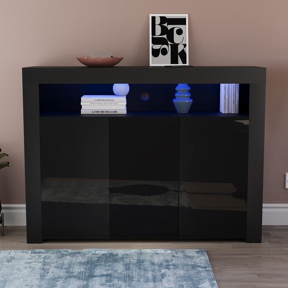 image 1 of Vida Designs Nova 3 Door LED Sideboard Buffet Cabinet Storage, Black | Black | 1