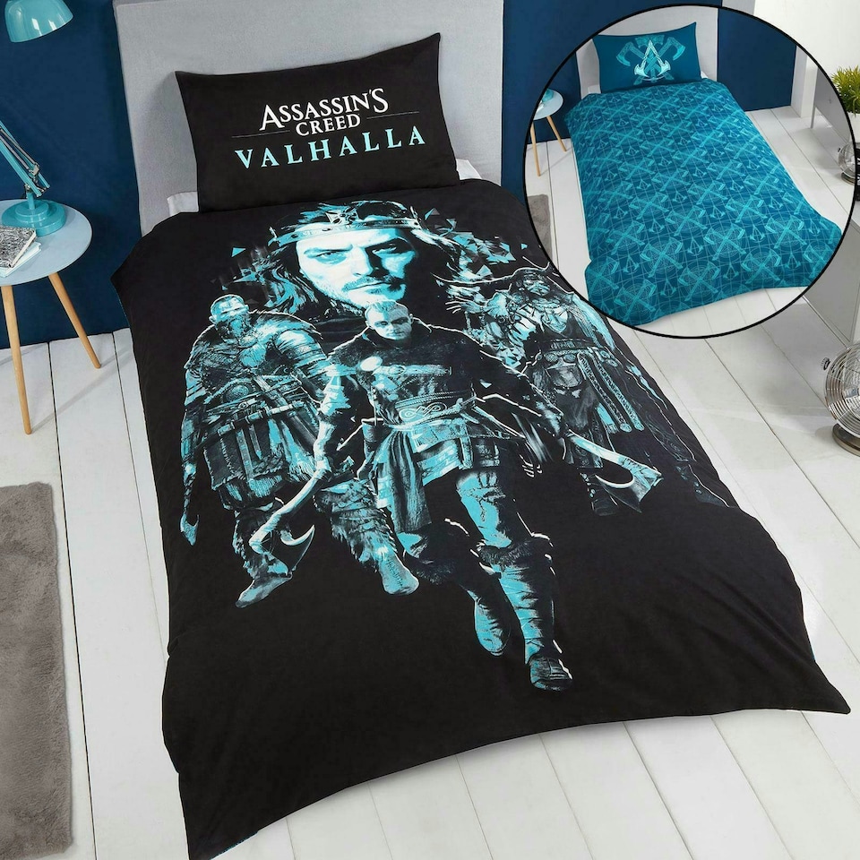 image 1 of OHS Assassins Creed Valhalla Reversible Duvet Cover and Pillowcase Bedding Set, Single - Black