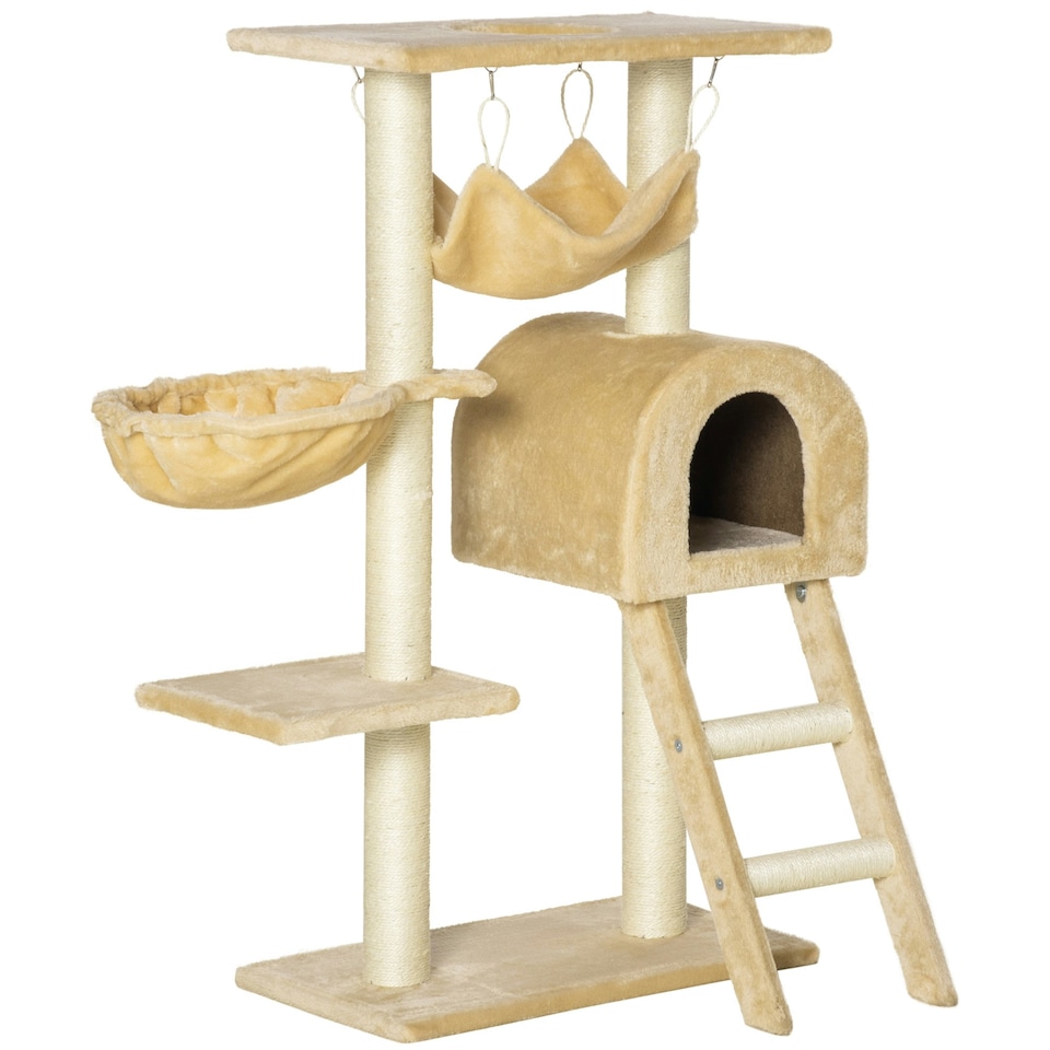 image 1 of PawHut Cat Tree Scratching Post Kitten Activity Centre with Hammock, Beige