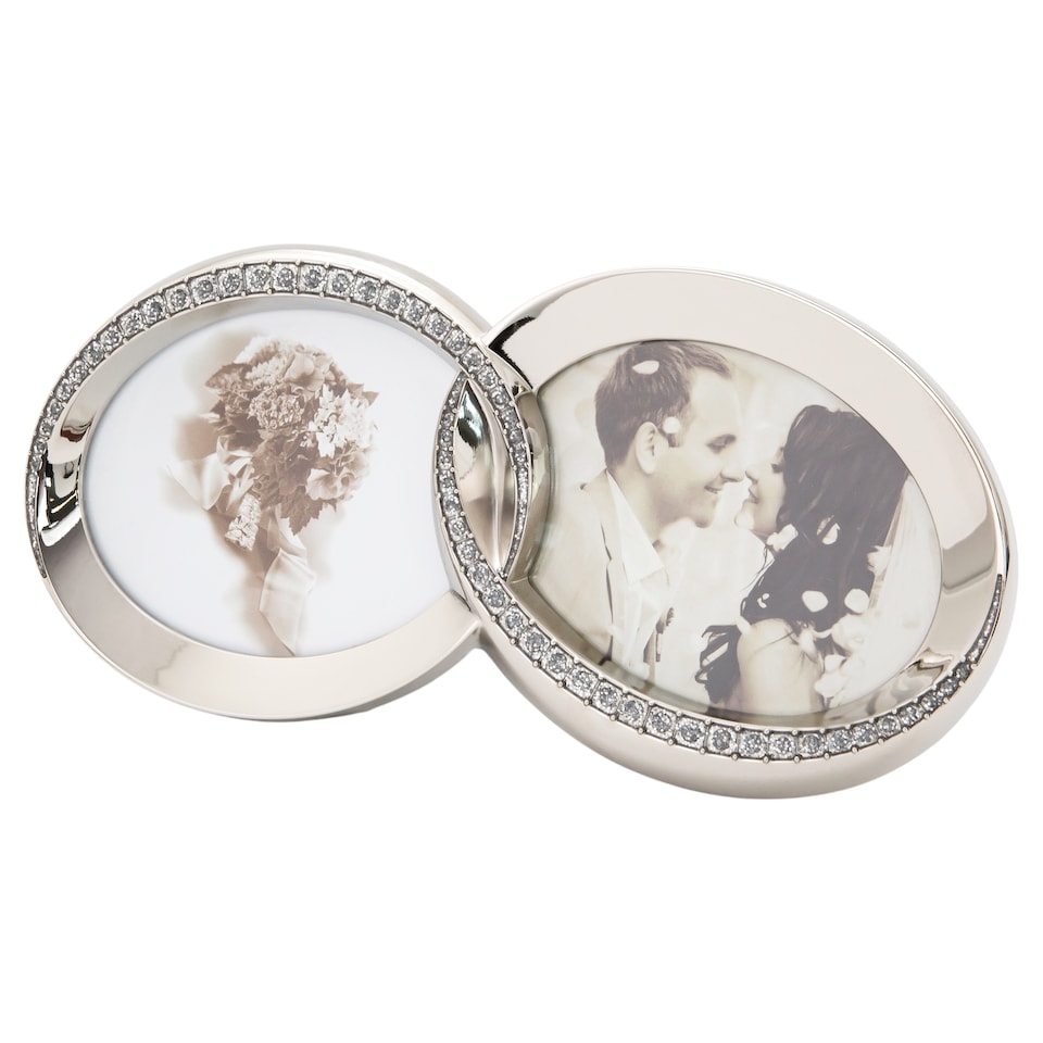 image 1 of Double Heart Silver Picture Frame with Square Etched Diamante Crystals | Silver | 4" x 4"