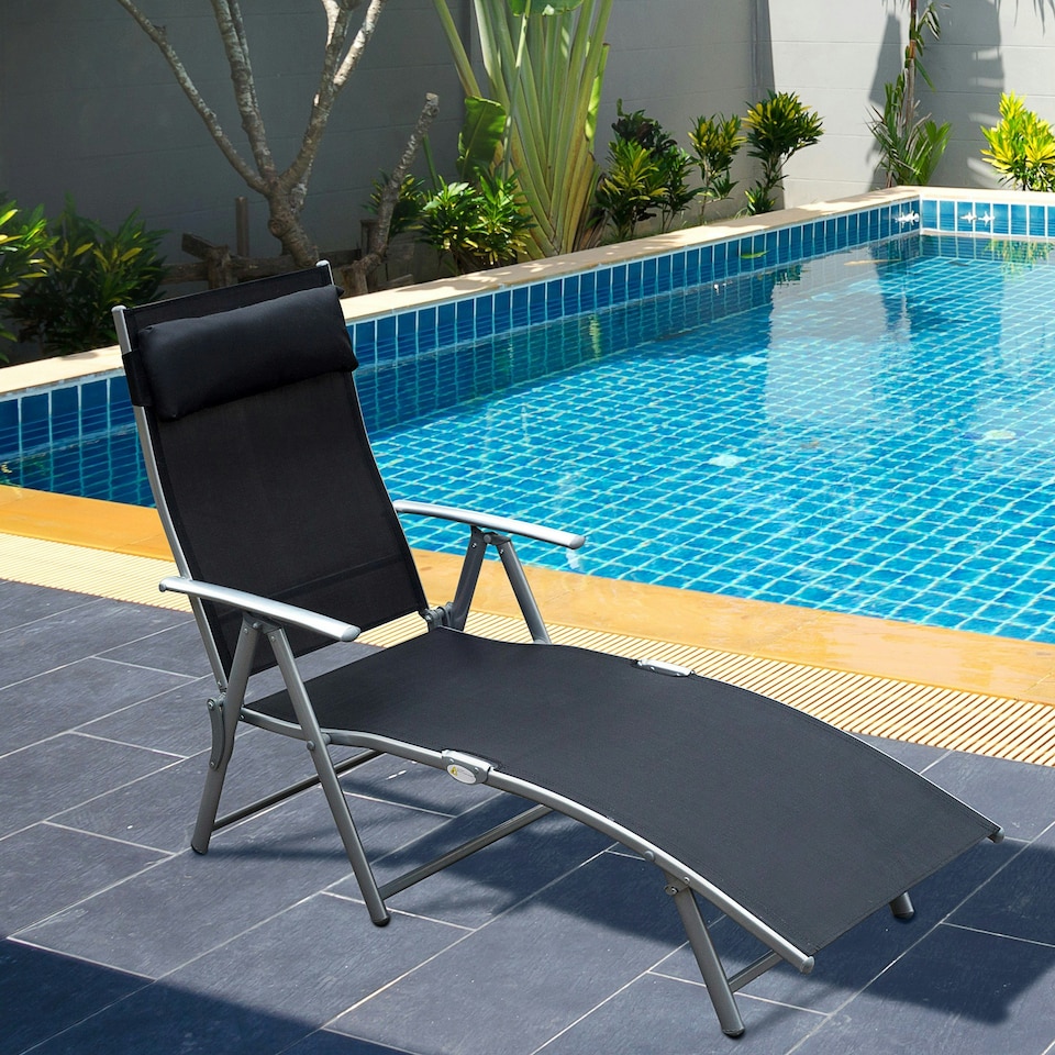 image 1 of Outsunny Sun Lounger Recliner w/ Pillow Foldable 7 Levels Textilene Black