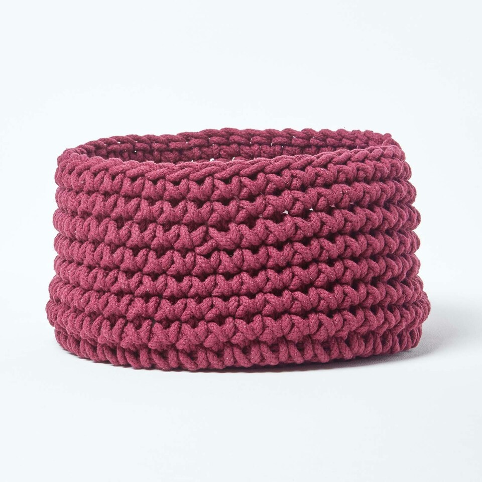 image 1 of Homescapes Plum Cotton Knitted Round Storage Basket - 37 x 21cm Purple | M