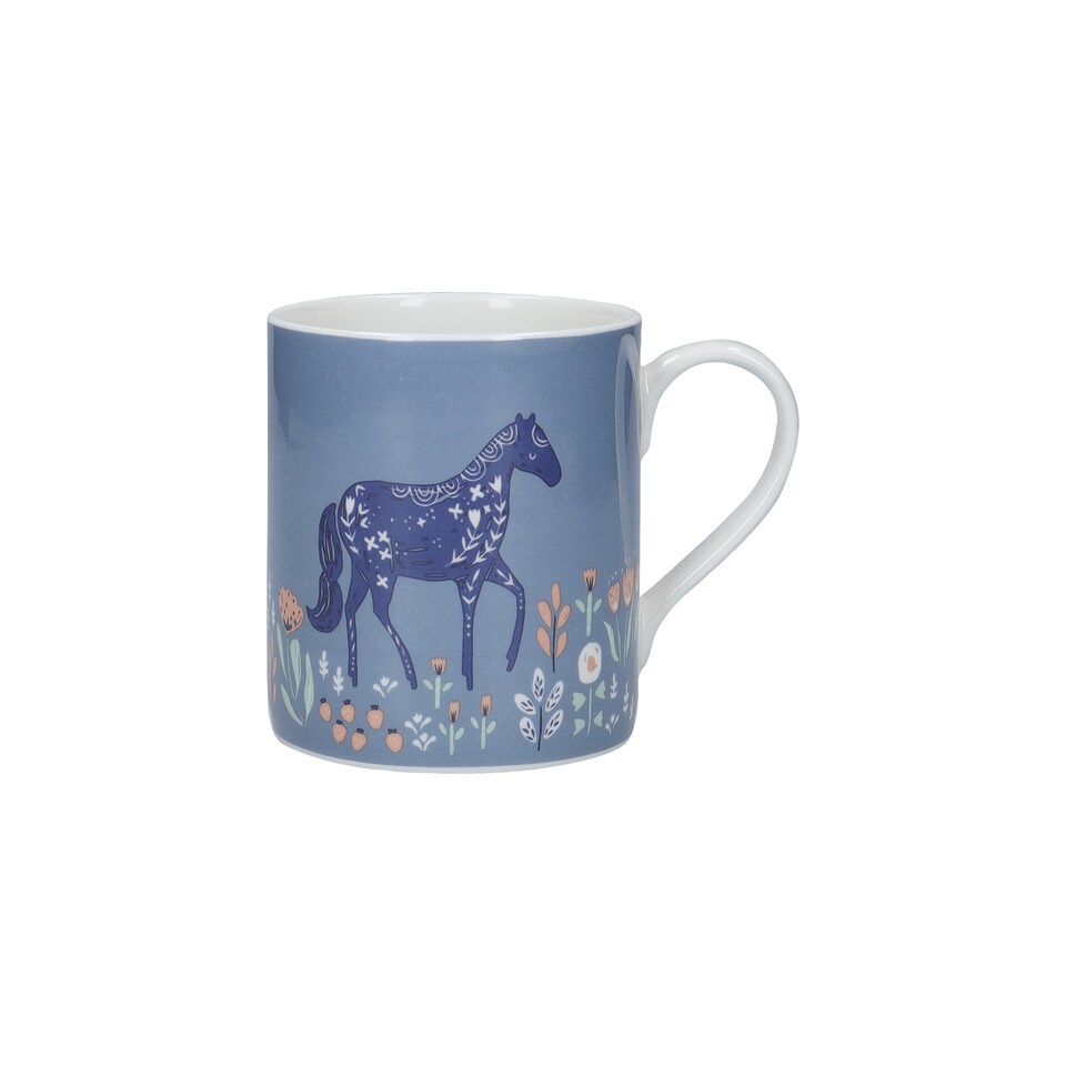 image 1 of KitchenCraft Fine Bone China Woodcut Horse 250ml Can Mug | Blue