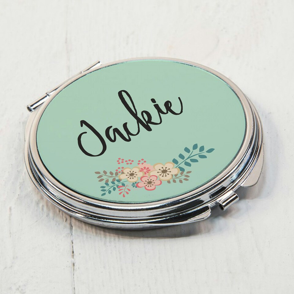 image 1 of Personalised Green Floral Compact Mirror Silver
