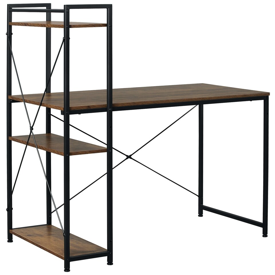 image 1 of HOMCOM Computer Desk Laptop Table w/4-tier Bookshelf  Metal Frame Brown, Black
