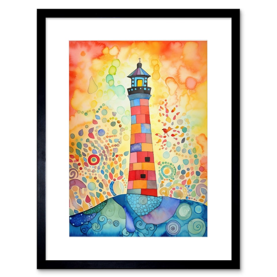image 1 of Lighthouse At Sunset Dreamy Folk Art Watercolour Painting 9x7" Black Framed Wall Art Print