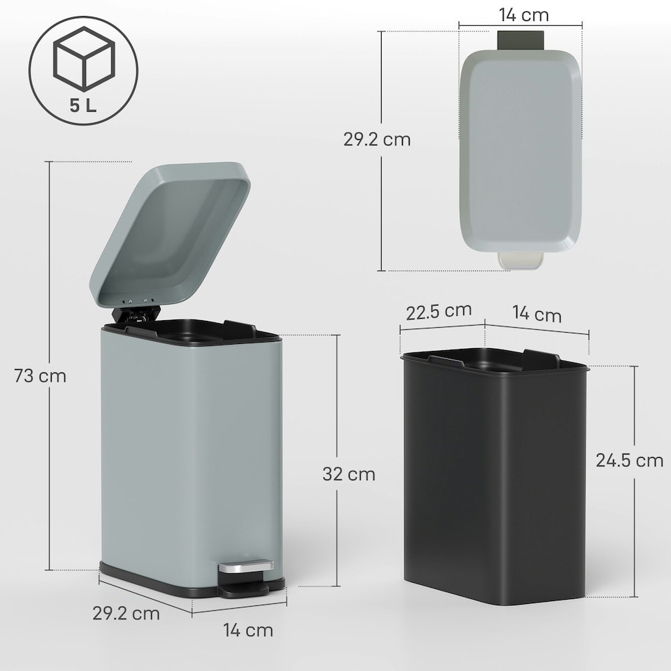 image 1 of HOMCOM 5L Rectangle Compact Bin Steel Body Inner Bucket Quiet-Close Lid w/Pedal | Grey | 5L | 1