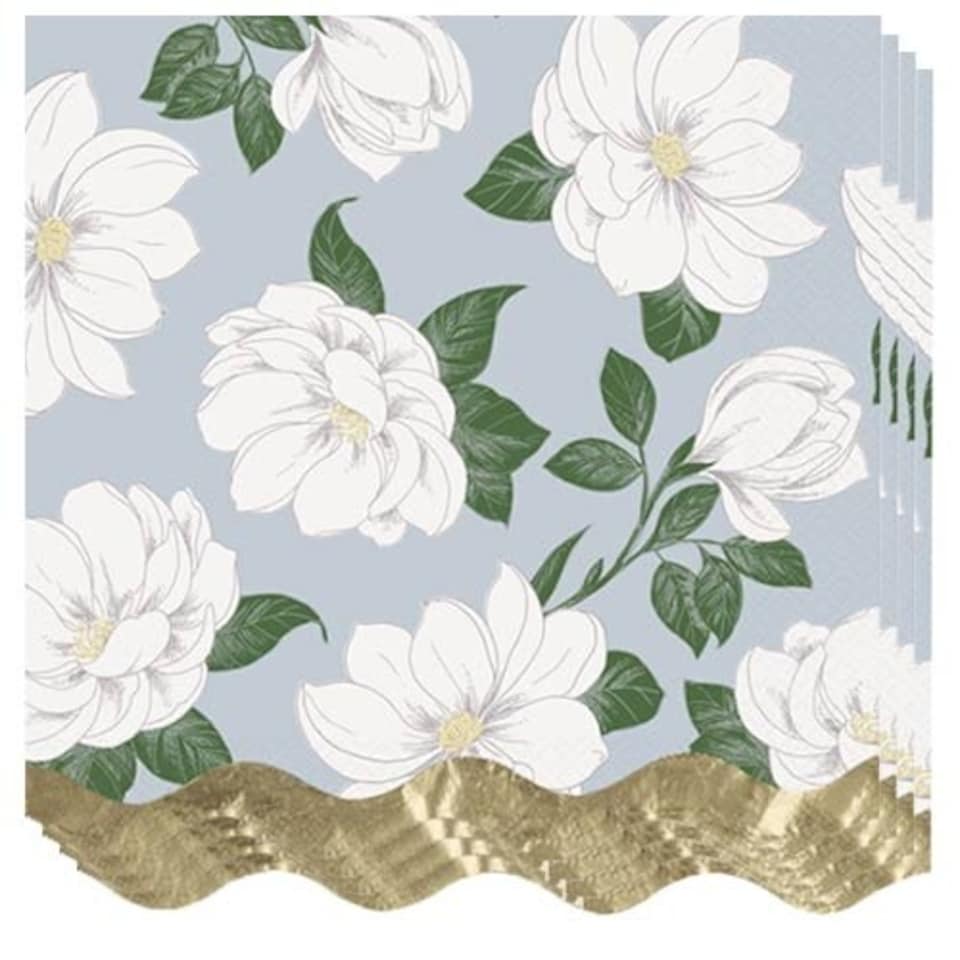 Garden Party Floral Gold Foil Scalloped Edge Dinner Luncheon Napkins 33cm 2 Ply - Pack of 16