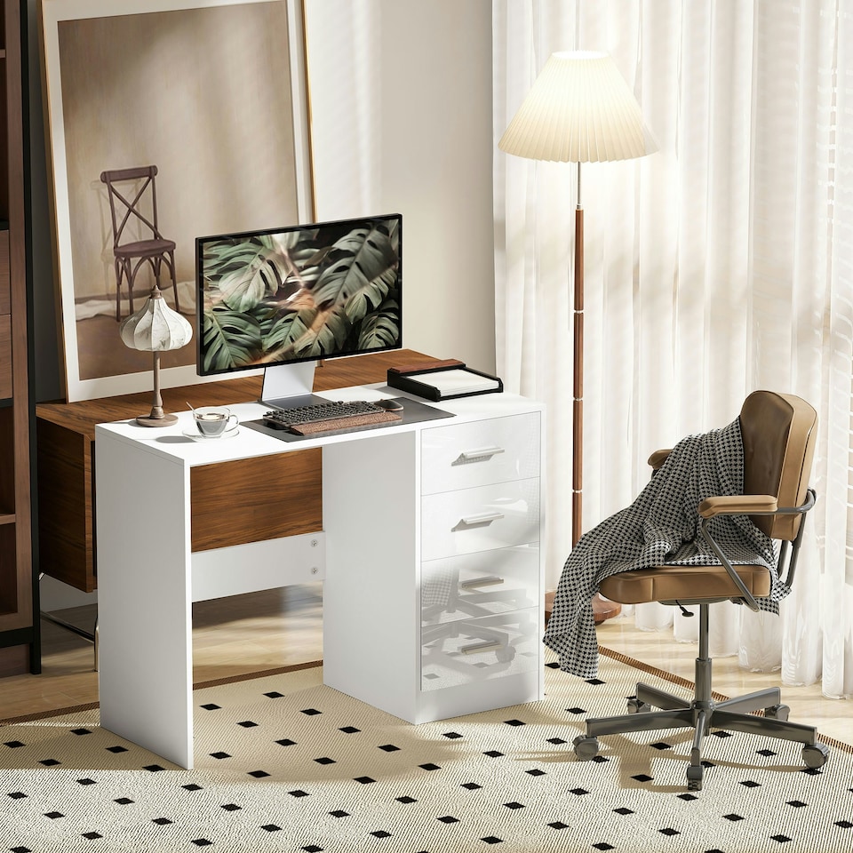 image 1 of HOMCOM Computer Desk with Drawers, Dressing Table, High Gloss Home Office Writing Workstation, White