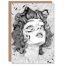 Manic Pixie Girl Trippy Black White Line Portrait Birthday Greeting Card