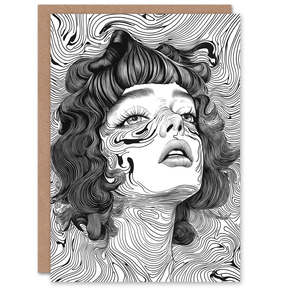image 1 of Manic Pixie Girl Trippy Black White Line Portrait Birthday Greeting Card