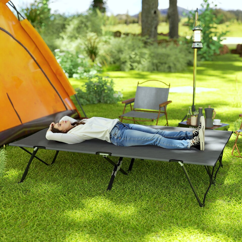 image 1 of Outsunny Double Camping Folding Cot Portable Sleeping Bed, Charcoal Grey