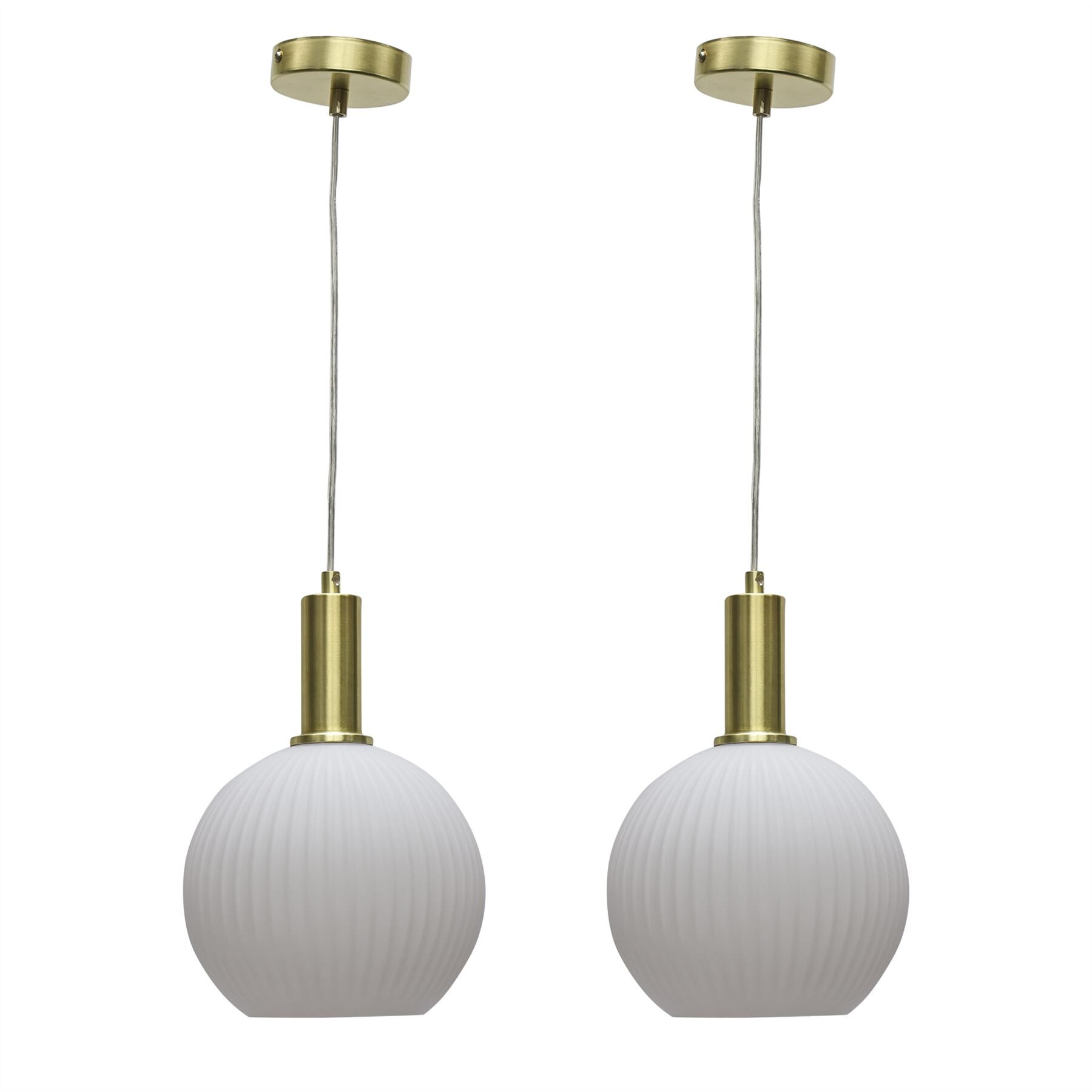 Set of 2 Betchley - White Ribbed Glass Globe Satin Brass Deco Pendants
